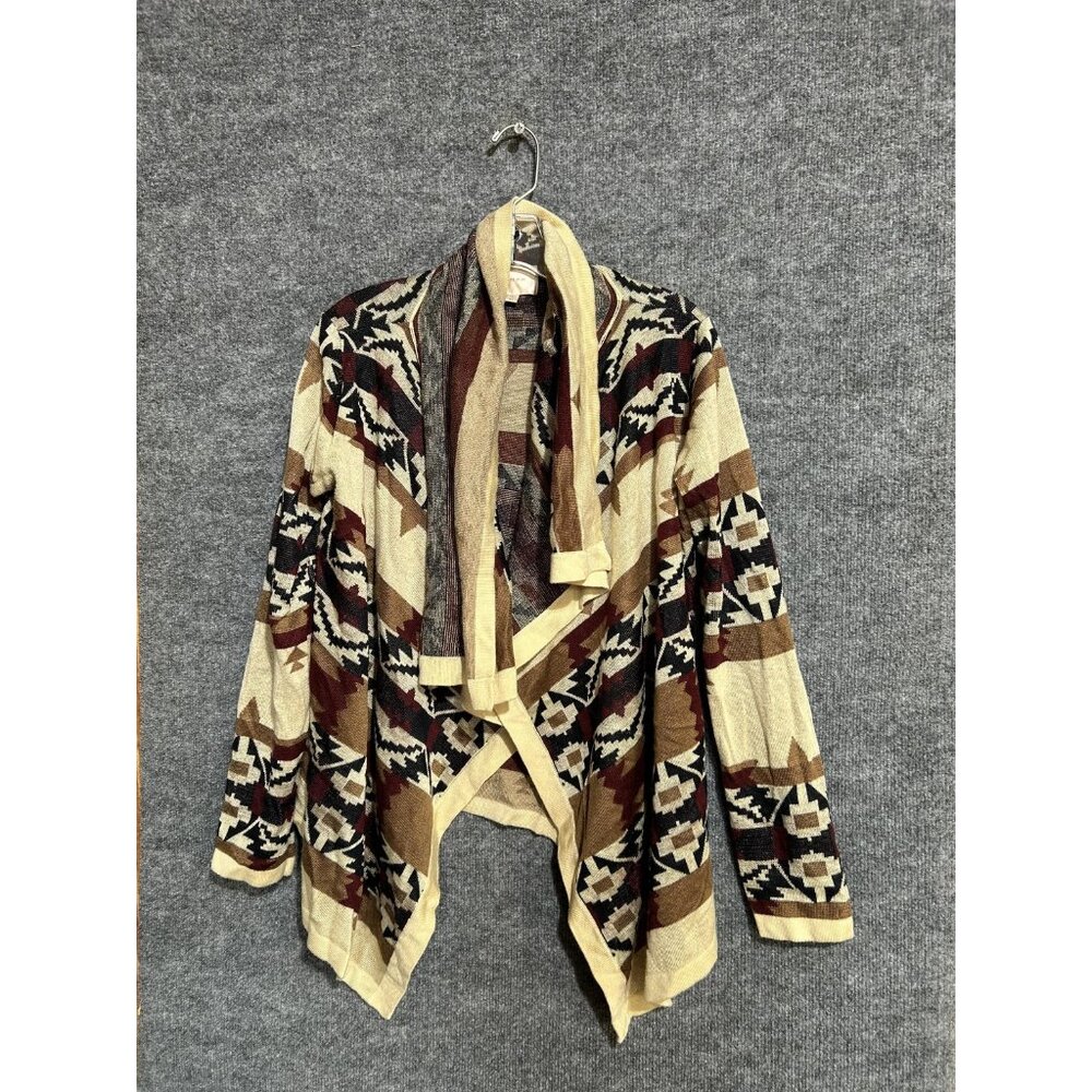 Skies Are Blue Cardigan Sweater Womens Medium Beige Tribal Aztec Knit Open Front
